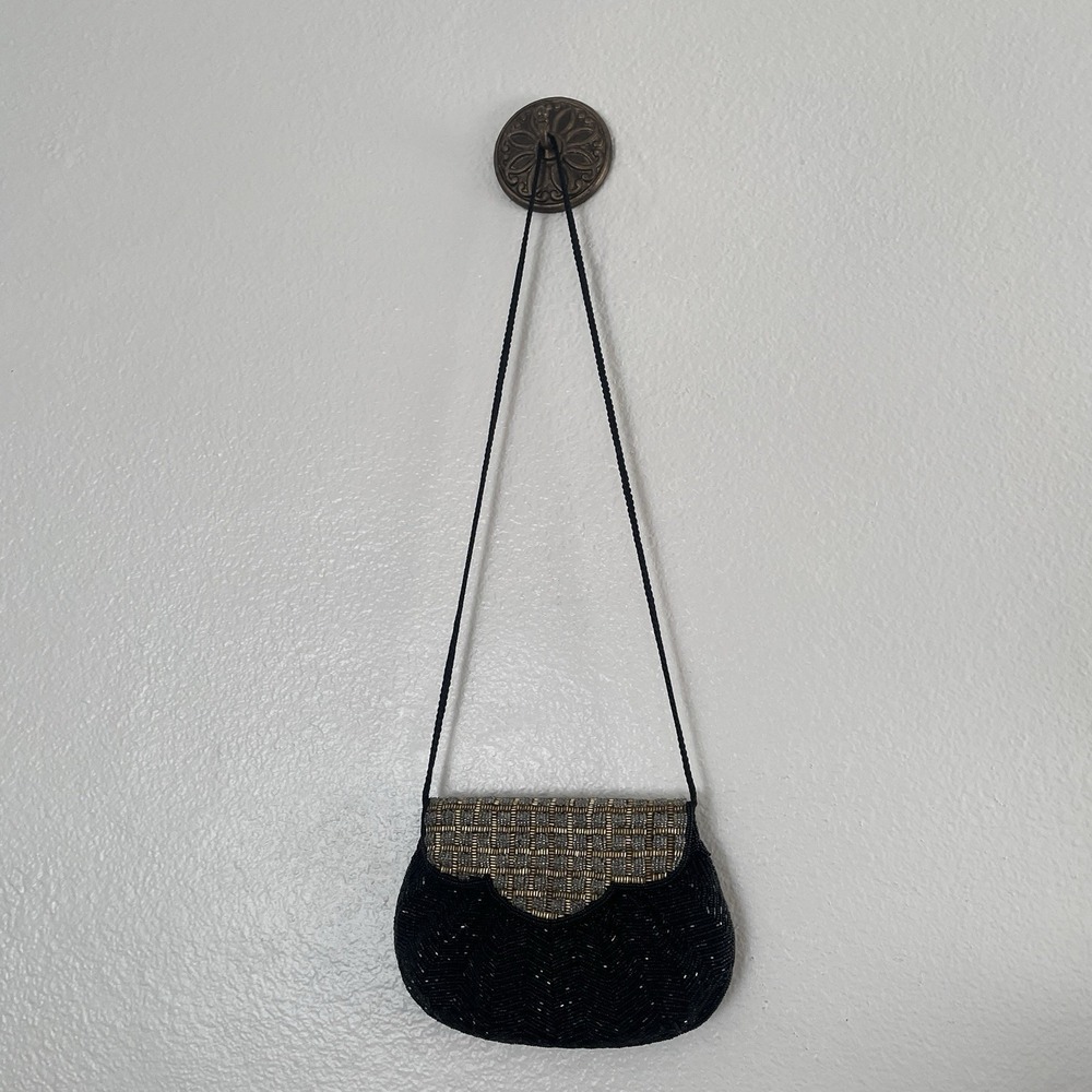Vintage Beaded‎ Black Gold Evening Bag, Crossbody Purse